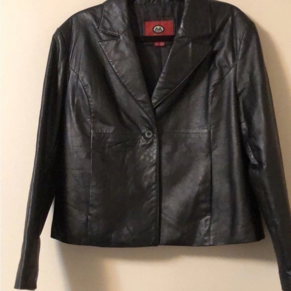 Women's Black Leather Blazer Jacket - Modern Single-Button Coat. XL